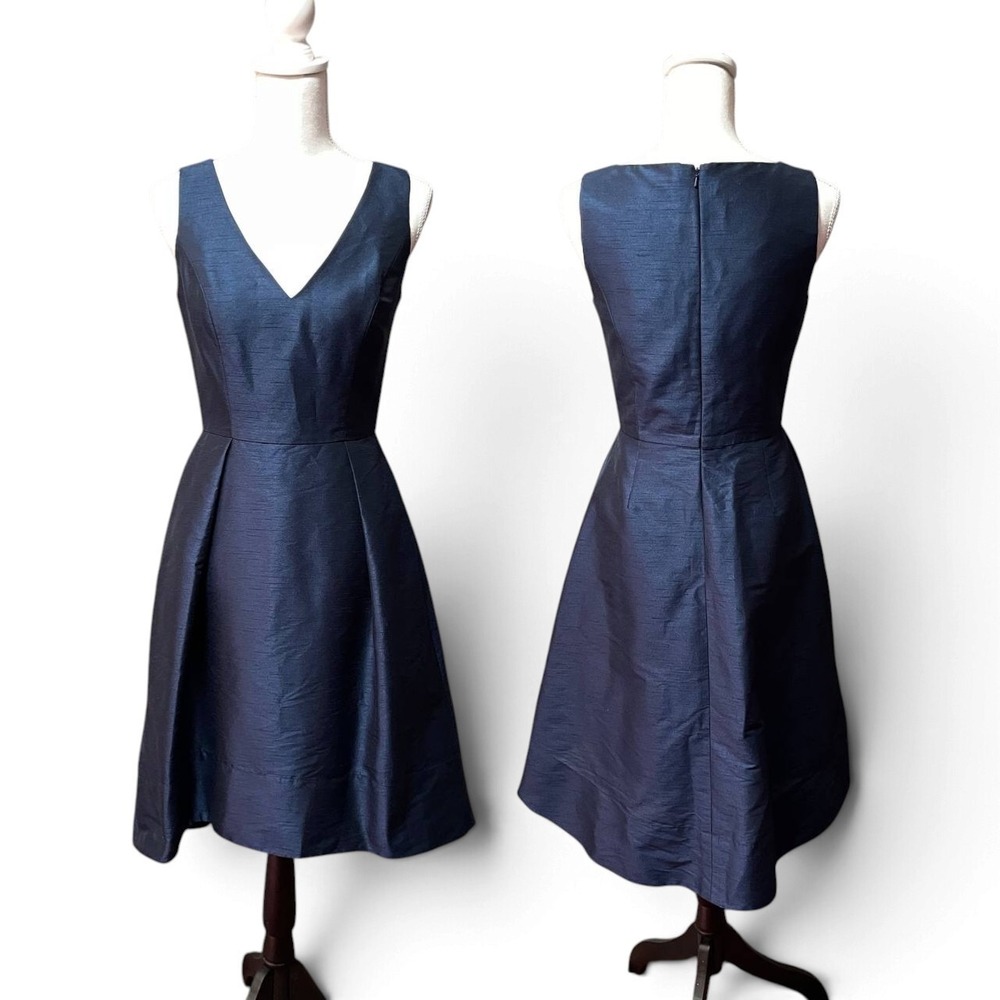 Alfred Sung Midnight Blue V-Neck Sleeveless Pleated Fit Flare Cocktail Dress 4
